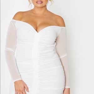 Plus off the shoulder mesh ruched bodycon dress